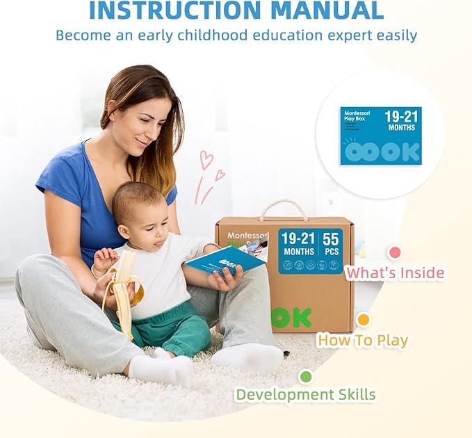 Montessori Educational Toys for 18 + Months, 6 in 1 Learning Toys Set for Toddlers Wooden Toy Present (Pattern Pegs, Pound Bench, Lacing Beads, Magnetic Animal Puzzle, Picture Book)