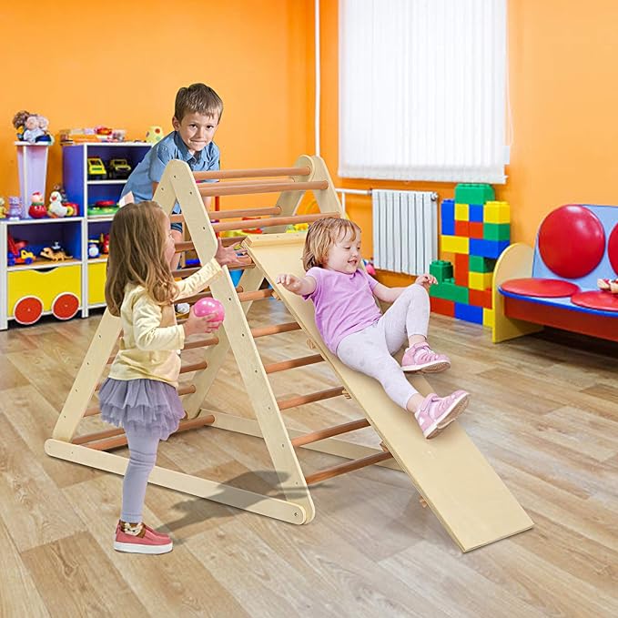 Costzon Foldable Climbing Toys for Toddlers, 3 in 1 Montessori Wooden Triangle Climber for Sliding & Climbing, Kids Indoor Climbers & Gym Play Structures for Boys Girls Gift Present