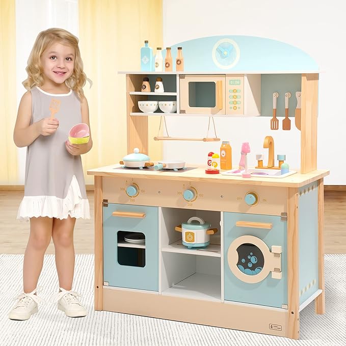ROBUD Wooden Play Kitchen Set for Kids Toddlers, Toy Kitchen Gift for Boys Girls, Age 3+
