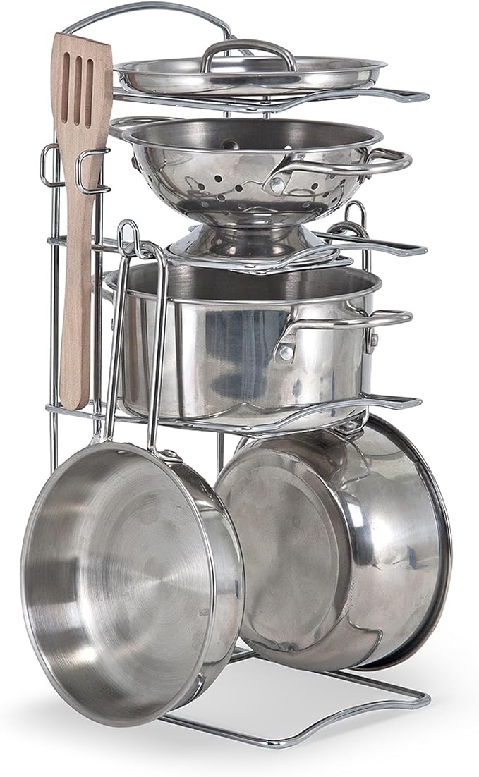 Melissa & Doug Stainless Steel Pots and Pans Pretend Play Kitchen Set for Kids (8 pcs)
