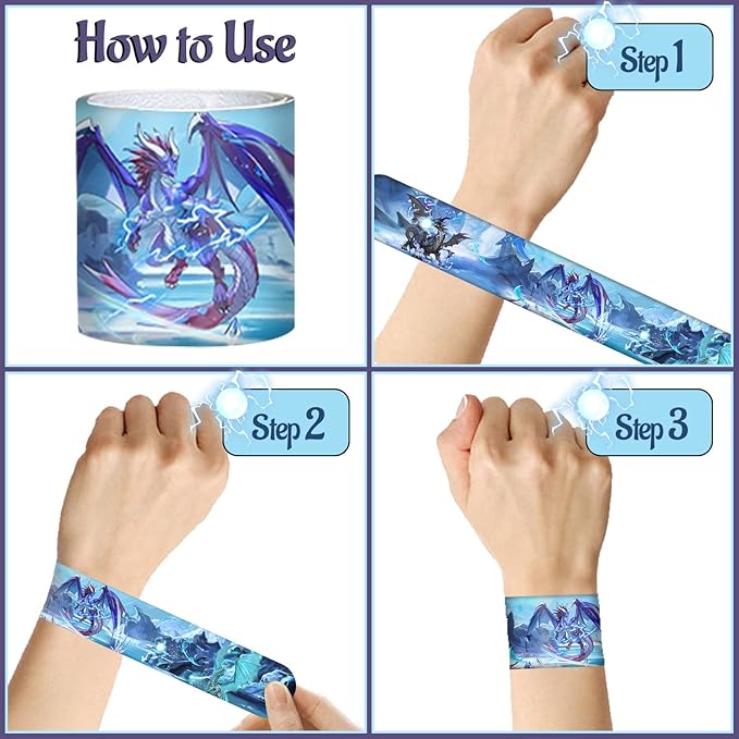 Dragon Party Favors 48 PCS Dragon Slap Bracelets Dragon Themed Party Wristbands for Kids Dragon Birthday Party Supplies Carnival Prizes Gifts Classroom Rewards