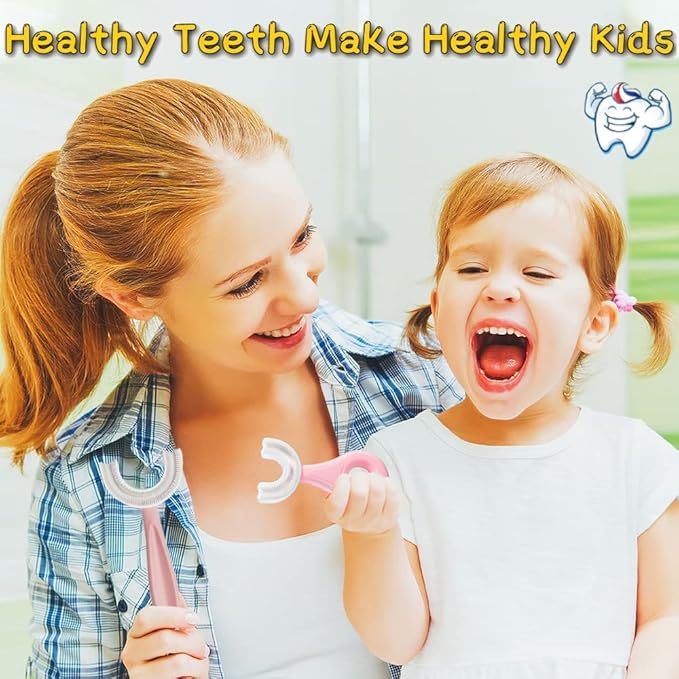 YOTEE U-Shaped Toothbrush Kids 2 PCS - Toddler Toothbrush with Food Grade Soft Silicone Brush Head, Manual Whole Mouth Toothbrush for Kids Age 6-12(Purple+Yellow), 360°Oral Teeth Cleaning