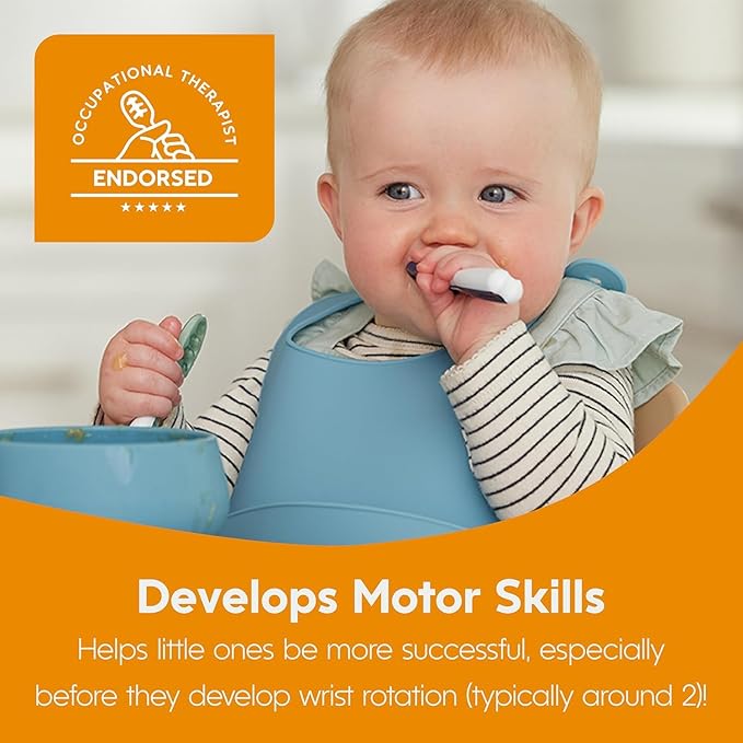 NumNum Baby Spoons Set, Pre-Spoon GOOtensils for Kids Aged 6+ Months - First Stage, Baby Led Weaning (BLW) Spoon - Self Feeding, Silicone Toddler Food Utensils - 2 Spoons, Blue/Orange