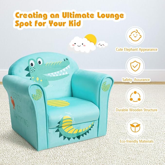 Costzon Kids Couch, Children's Sofa Armrest Chair with Pattern, Toddler Furniture w/Sturdy Wood Construction, Preschool, Lightweight Kids Couch Sofa Chair for Aged 1-5 Boys & Girls Gifts, Crocodile