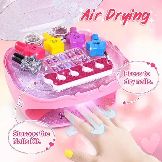 Shemira Nail Polish Kit For Girls Ages 7-12 Years Old, Nail Art Toy For Girls 5 6 7 8 9 10 11 12 Years Old, Nail Art Studio With Pink Nail Dryer For Girls, Christmas Birthday Gifts For Girls 5-7 8-10