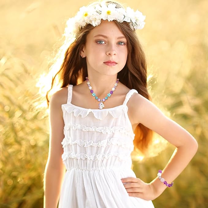 Sumind 6 Sets Play Jewelry for Little Girls Princess Necklace Bracelet Set Includes Kid Beaded Necklace Bracelet for Toddler Christmas Birthday Party Favors Cosplay(Mermaid, Rainbow Style)