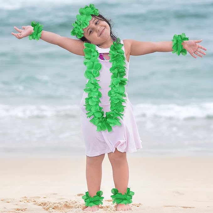 HOBBY HORSE 12 Pieces Hawaiian Luau Flower Leis Halloween Decor Leis Green Necklaces Bracelets Headband Anklets Set Tropical Party Favor for Halloween Cosplay Beach Wedding Birthday Party Supplies