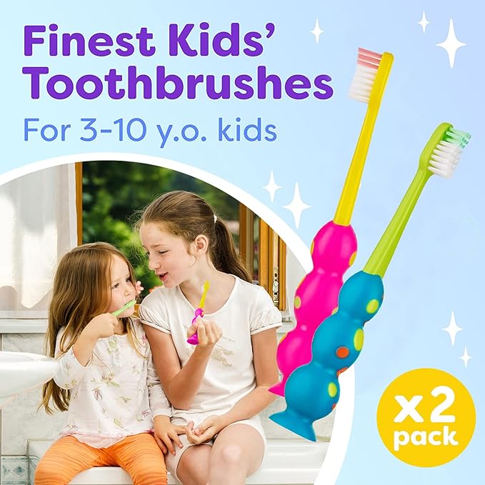 Trueocity Kids Toothbrush 2 Pack - Soft Contoured Bristles - Child Sized Brush Heads (3-10 Year Old) - Suction Cup for Fun & Easy Storage - Girl & Boy Set (2-Pack, Multi-Color)