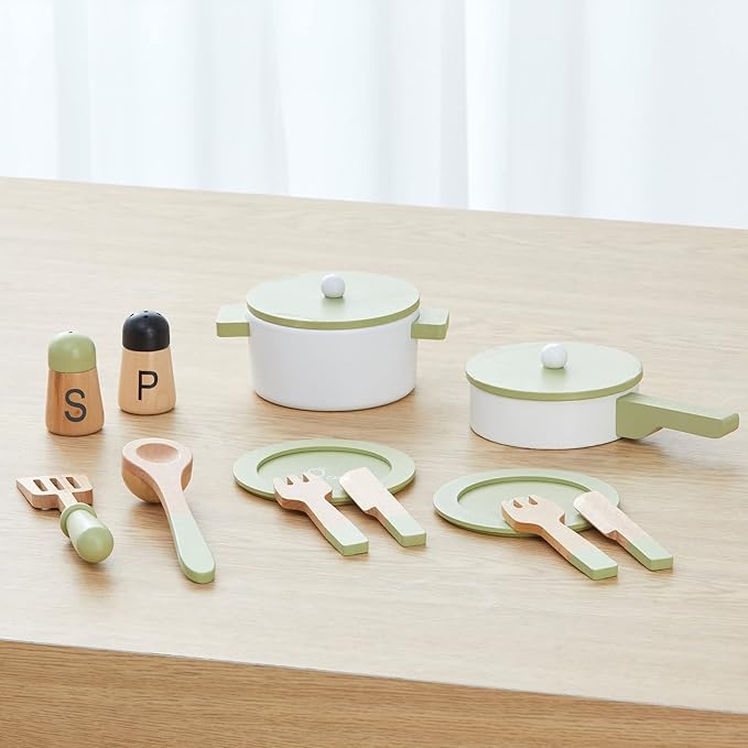 Teamson Kids - Little Chef Frankfurt Wooden Cookware Play Kitchen Accessories for Toddler Boys and Girls, Cookware Set Includes Utensils, Pots, Pans, Plates