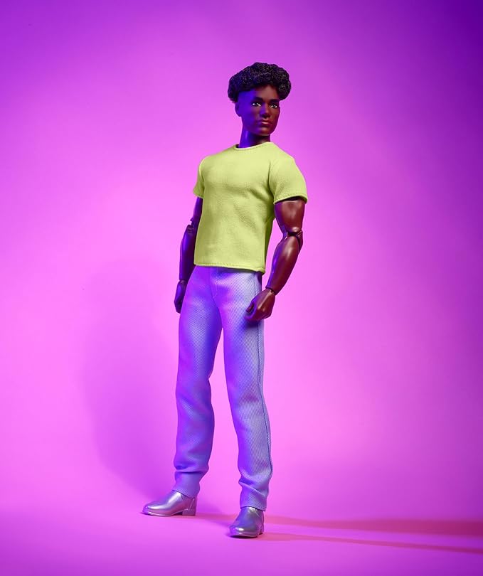 Barbie Looks Ken Doll, Collectible No. 25 with Curly Black Hair & Modern Y2K Fashion, Chartreuse Tee & Pastel Trousers with Silver Boots