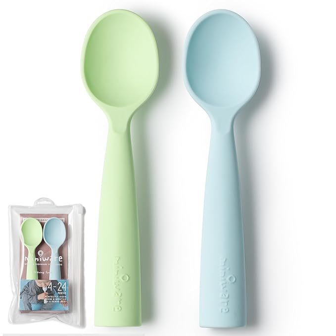 Miniware Silicone Baby Spoon for Training - BPA Free Baby Utensils - Baby Spoons Self Feeding 6 Months | 100% Food Grade Silicone - Modern & Dishwasher Safe Toddler Spoons (Aqua and Key Lime)