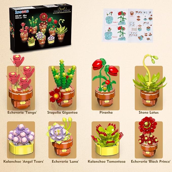 Succulent Flowers Bonsai Building Sets, 8 Packs Botanical Collection Building Block Kit for Home Decor, 1234 PCS Plant Building Toy Gifts for Adults Kids Girls Boys Ages 6 7 8 9 10 11 12+