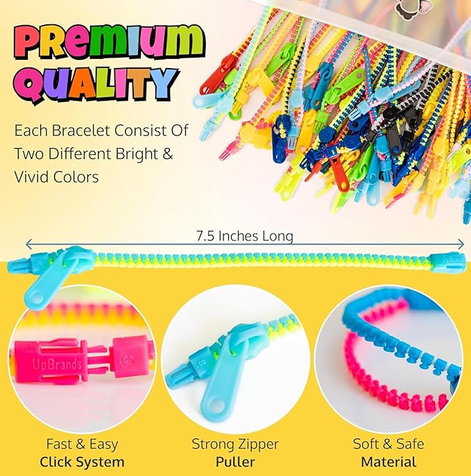 UpBrands 48 Fidget Toys Friendship Zipper Bracelets 7 ½”, Party Favors for Kids, Sensory Bulk Set Neon Colors, Kit for Valentines, Birthday, Goodie Bag, Easter Egg Basket Stuffers, Pinata Fillers