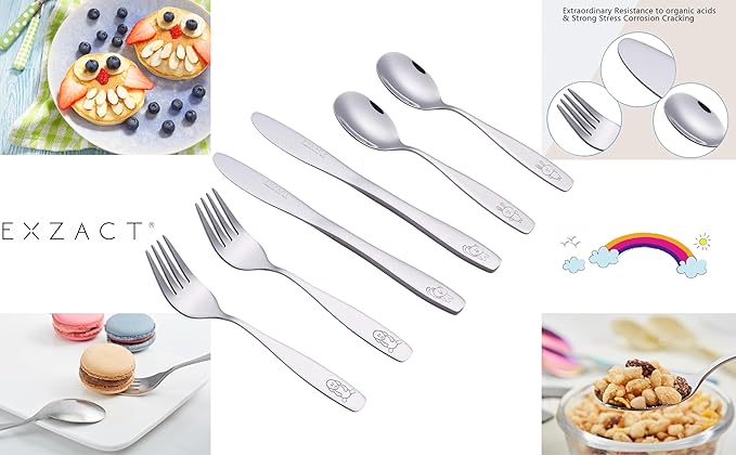 Exzact Children's Flatware Kids Silverware 6pcs, Toddler Utensils, Dishwasher Safe, 24 Months+