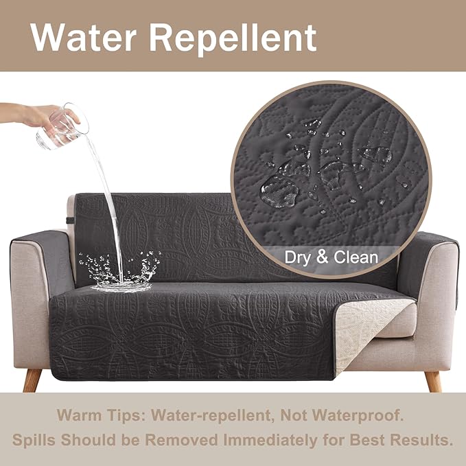 Water Repellent Gray Loveseat Cover for 2 Cushion Couch, Machine Washable Love Seat Quilted Couch Covers, Pet Friendly Slipcovers (Loveseat 48", Gray)