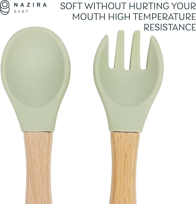 Baby Self Feeding All Natural Beech Wood Fork and Spoon Set - BPA Free, Toddler Tableware, Suitable For Stage 1 Babies - Soft Curved Food Grade Silicone Head (Magic Mint)