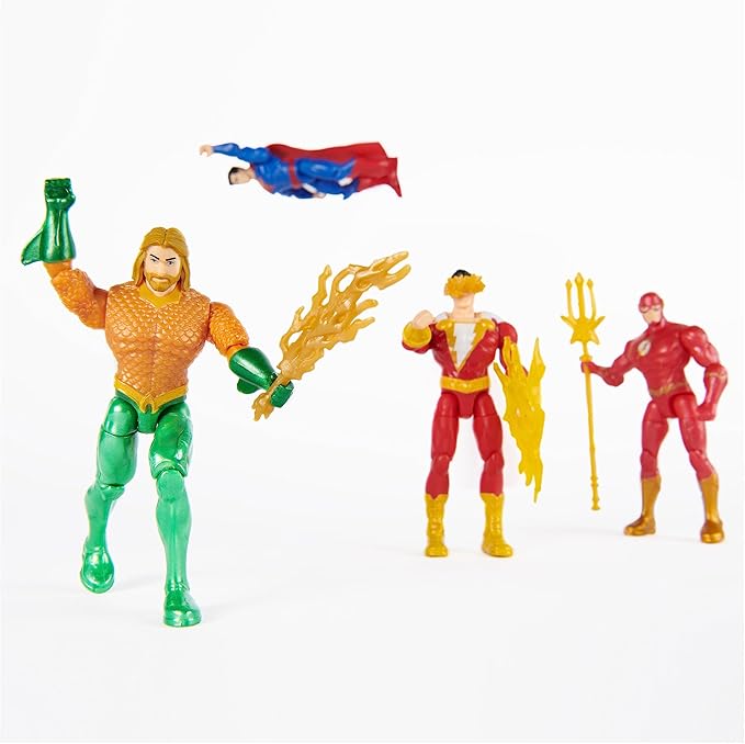 DC Comics, Action Figures 4-Pack, Superman, The Flash, Shazam!, Aquaman 4-inch Figures, Accessories, Superhero Kids Toys for Boys and Girls, Ages 3+