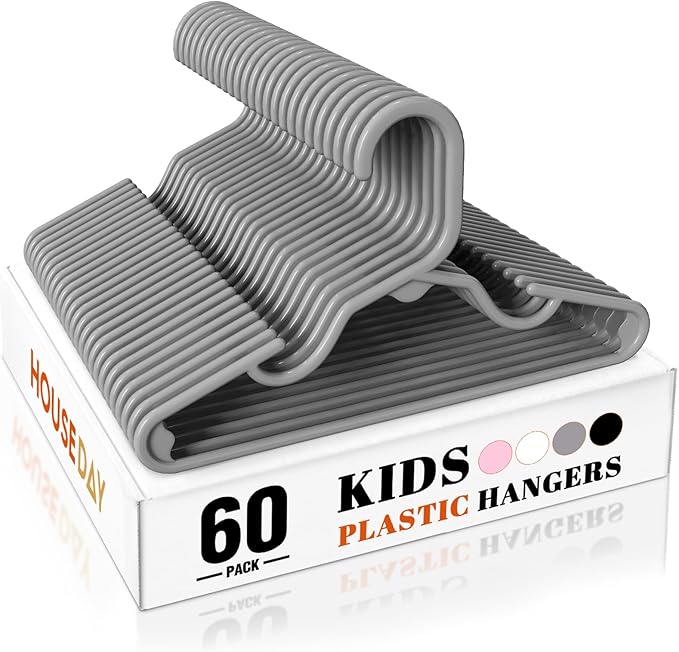 HOUSE DAY Premium Baby Hangers 60 Pack, 11 Inch Kids Plastic Hangers Grey, Slim Childrens Hangers for Infant, Toddler, and Child Clothes, Durable Baby Clothes Hangers for Closet