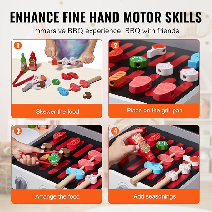 VEVOR Wooden Play Barbecue Toy Grill, Kids Grill Playset with Play Food and Grilling Tools, Wooden Play Food Kitchen Accessory (21 PCS), Pretend Play Cooking Toy for Toddlers Boys Girls Age 3+ Gift