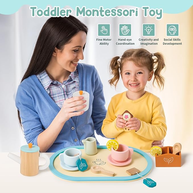 KMUYSL Toys for 2 3 4 5 Years Old, Wooden Tea Toys Pretend Toys for Little Girls, Kitchen Toy, Christmas Stocking Stuffers for Kids Age 2-4, Idea Gift for Toddlers Boys Girls