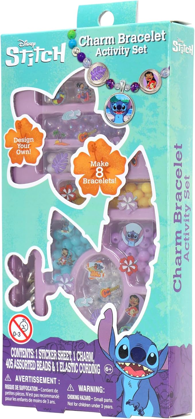 Disney Stitch Charm Bracelet Activity Set, 408-Piece Jewelry Making Kit, Preschool Arts and Crafts, Friendship Bracelets, Kids Toys for Ages 3 Up