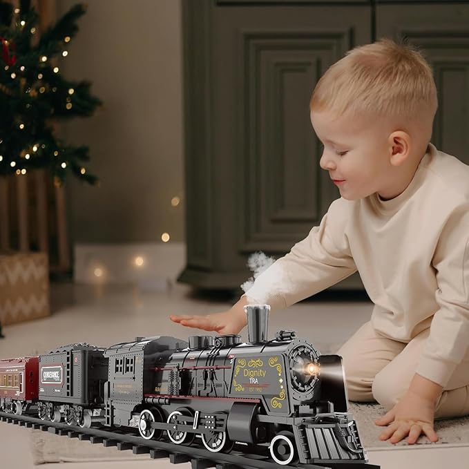 Electric Train Sets for Kids Metal Alloy Christmas Train Toys Steam Locomotive, Glowing Passenger Carriages, Luxury Tracks, Light & Sounds Rechargeable Birthday Gifts for Boys Girls Red …