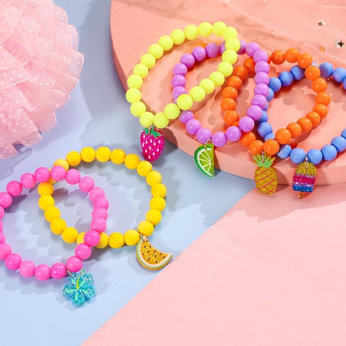 PinkSheep Unicorn Beads Pendant Bracelet for Kid Girl, 6PC, Rainbow Monster Sun Flower Heart Meteor Charm Friendship Bracelet Good Friend Gift