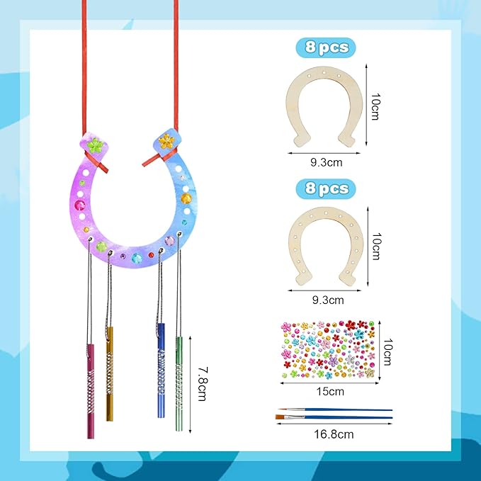 Fennoral 16 Pack Wind Chime Kit for Kids Make Your Own Horseshoe Wind Chime Wooden Arts and Crafts for Girls Boys Ornaments DIY Coloring Horseshoes Craft for Art Activity Birthday Supplies