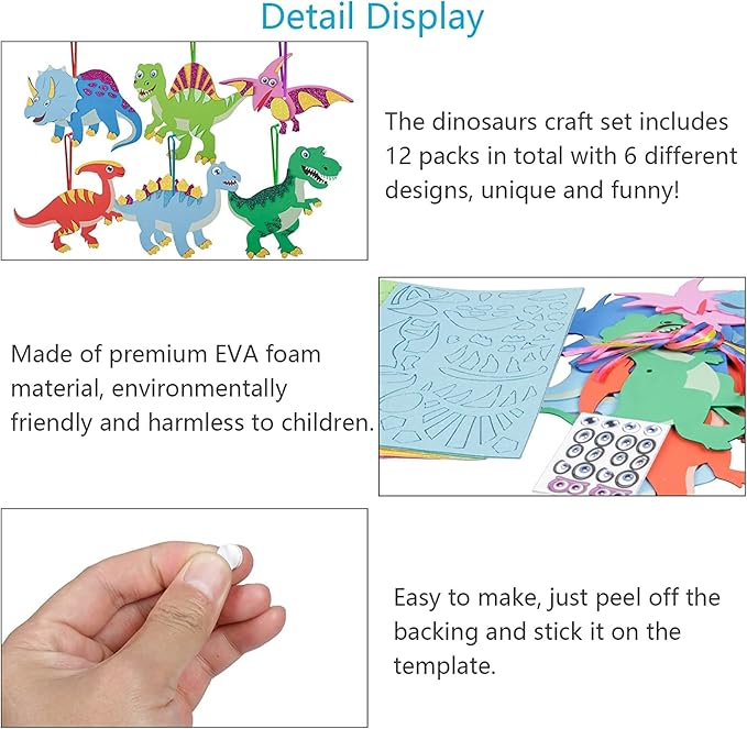 Fennoral 12 Pack Dinosaur Craft Kit for Kids Creative Make Your Own Dinosaur Foam Stickers DIY Arts and Crafts for Kids Boys Girls Party Favor Supplies Birthday Gifts