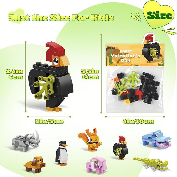 Valentines Day Gifts for Kids - 24 Pack Prefilled Animal Building Blocks with Valentine's Day Cards Sets for School Classroom Class Party Favor, Valentines Crafts Exchange for Boys Girls Teens