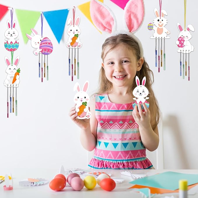 Fennoral 24 Pack Bunny Wind Chime Kit for Kids Make You Own Easter Rabbit Wind Chimes DIY Coloring Wooden Easter Craft for Girls Boys for Easter Hanging Ornaments Easter Party Decoration