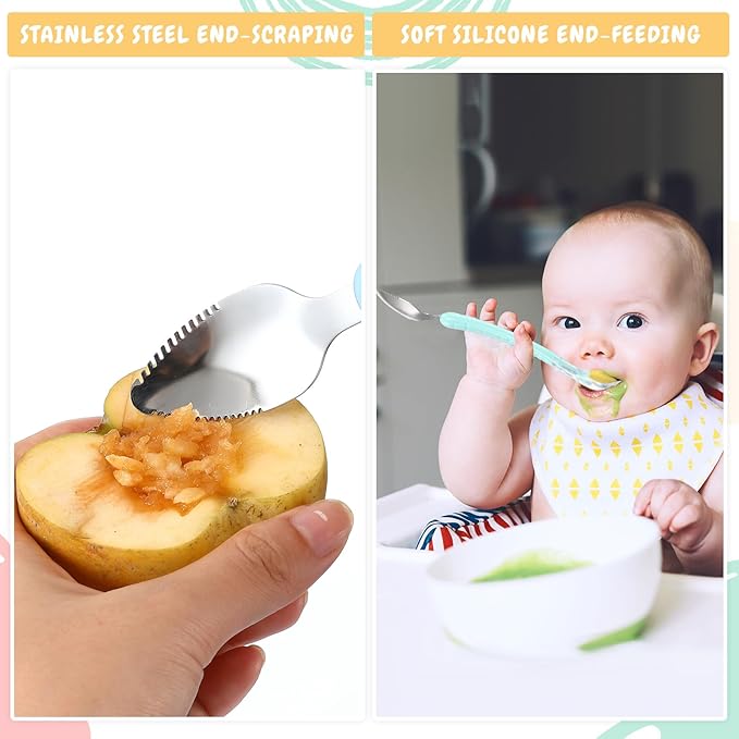 Lallisa 2 Pcs Double Head Baby Silicone Food Spoon Baby Fruit Scraping Mud Spoon Soft Feeding Food Scraper for Infants Fruit Feeding (Cyan and Blue)