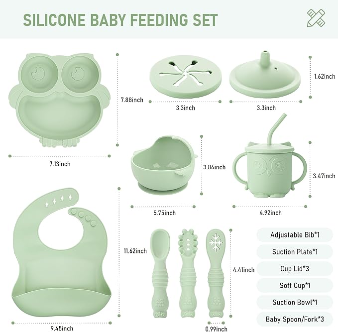 Baby Weaning Set, Silicone Baby Feeding Set(10 Pcs), Toddler Weaning Set with Adjustable Bib, Suction Bowl, Plate, Fork, Spoon, Water & Snack Cup Kit, Baby Led Weaning Kit for Babies and Kids