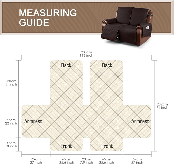KinCam Waterproof Loveseat Recliner Cover, Non-Slip Reclining Couch Covers for 2 Seat, Recliner Sofa Cover Furniture Protector with Elastic Straps for Kids, Pets, Chocolate