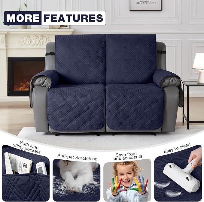 TAOCOCO 100% Waterproof Loveseat Recliner Cover, Non Slip Split Loveseat Covers for Reclining Loveseat with Elastic Straps, Washable Recliner Chair/Furniture Protector for Pets(2 Seater, Navy Blue)