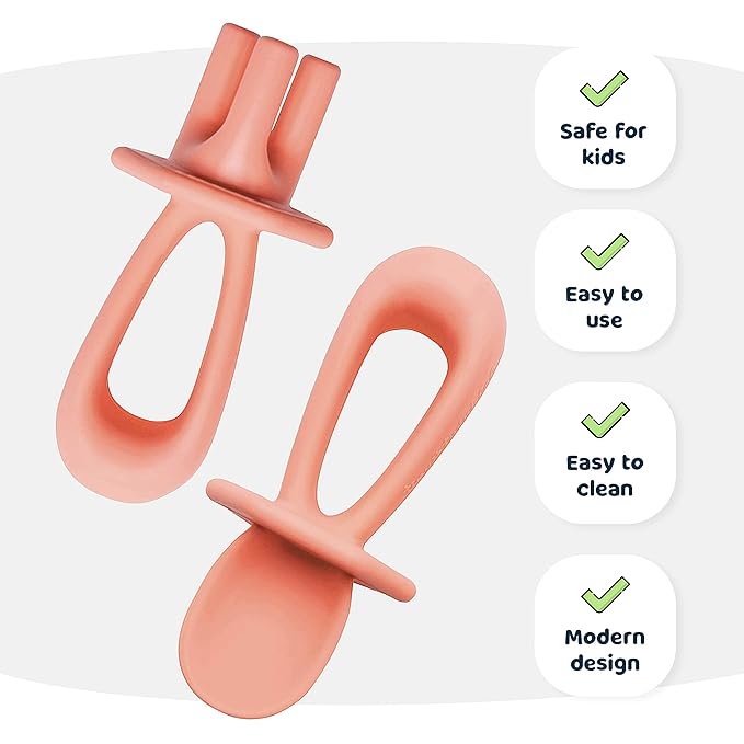 Tiny Twinkle Silicone Training Utensils - Baby Spoons and Baby Forks For Self-Feeding Training - Silicone Baby Led Weaning Utensils For Toddlers And Babies 6-24 Months - Baby Feeding Supplies (Coral)