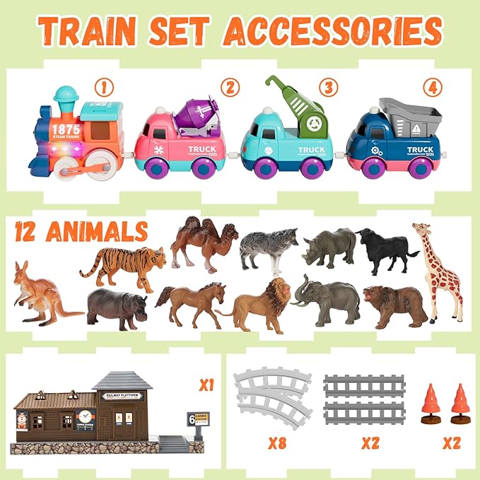 Train Set for Toddlers, Electric Train Toys with Light, Music and Animals, Toddler Magnetic Train Track Playset 3-5, Birthday Gifts for 3 4 5 Years Old Boys Girls