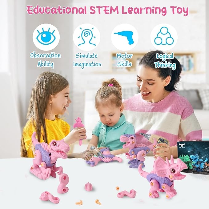 FREE TO FLY Girl Toys Take Apart Dinosaur: Pink Dinosaur Toys for Kids 3-5 5-7 Stem Learning Educational Montessori Toys for 3 4 5 6 7 8 Year Old Girls Toddlers Autism Sensory Xmas Birthday Gifts