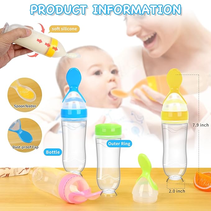 Baby Food Feeder Silicone Baby Food Dispensing Spoon-WAJIAYON, 3 oz Squeeze Feeding Spoons with Suction Cup for Boys Girl Kids Toddlers - Self Feeding Bottle Spoon-Pink