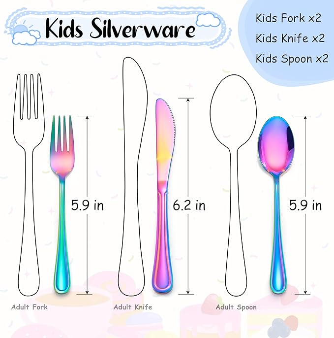 E-far 6-Piece Kids Silverware, Stainless Steel Toddler Utensils Safe for Preschooler/Children, Includes 2 Forks 2 Spoons 2 Knife, Slimline Adult Look & Small Size, Rust Free & Dishwasher Safe-Rainbow