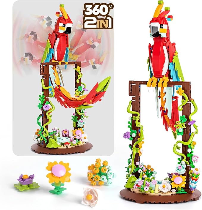 Flowers and Parrot 2 in 1 Building Sets Rotatable 360° Compatible with Lego Sets for Adult, Creative Bird Botanical Collection Set Decor for Home Office, Gifts for Boys Girls Age 8+ Kids 636PCS RED