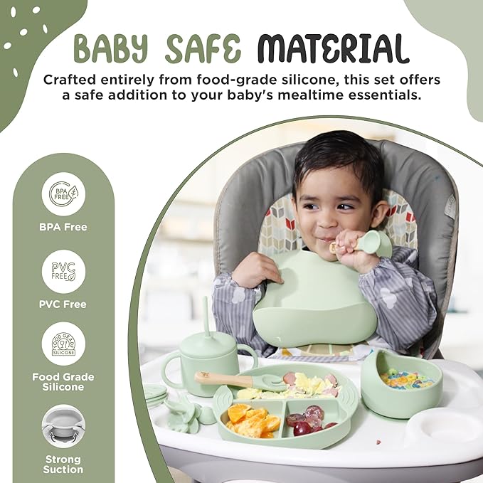 Silicone Baby Feeding Set, Eating Utensils with Suction Plate and Bowl, Baby Led Weaning Supplies, Toddler Self Feeding Dish Set, Waterproof Bib, Baby Feeding Essentials, Spoon 10pcs (Green)