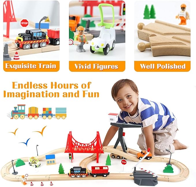 WOOD CITY Wooden Train Set for Toddler, 56 Pcs Deluxe Kids Car Toy for 2 3 4 Year Old Boy, Cargo-Themed Train Track with Tower Crane & Suspension Bridge - Fits Thomas Brio Chuggington Melissa Orbrium