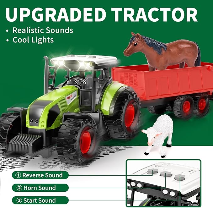 Farm Animals Barn House Toys - Kids Tractor Toy with Lights & Sound, Horse Stable, Cowshed, Chicken Fence, Animal, Farm Accessories, Easter Birthday Gifts for Boys Toddlers Ages 3+
