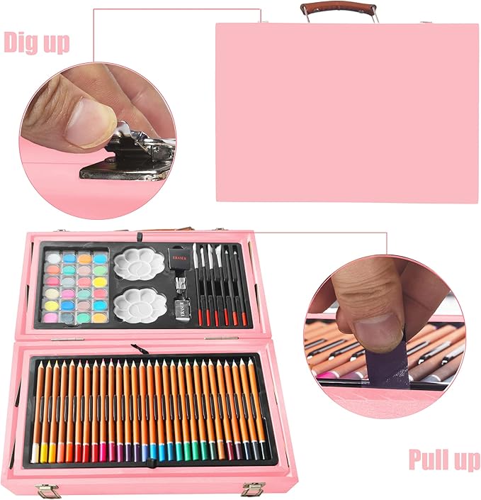 KINSPORY Art Supplies, 139 Pack Painting Drawing Art Kit with 2 Sketch Pads, Deluxe Double Layers Art Set Crafts, Colored Pencils, Oil Pastels, Watercolor Paints, Gift for Artists Kids (Rose Pink)