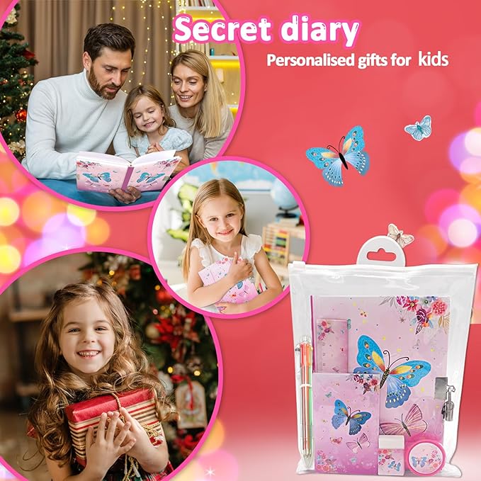 Butterfly Girls Diary with Lock, Set of Diary for Girls Incl. Kids Journal with Lock & Pen (6-Multicolor) Memo Ruler Sharpener Eraser Pink Girls Journal Writing Notebooks for Kids Gifts for Girls 6-8