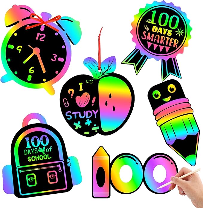 JULMELON 36 PCS 100 Days of School Scratch Art for Kids, Rainbow Magic Scratch Paper 100th Day of School Craft Kit for Kids 100th Day of School Gifts Classroom Activities Project Party Favors