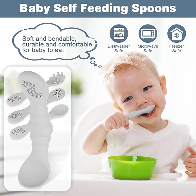 Silicone Baby Spoons Self Feeding 6+ Months 3PCS Toddler Forks and Spoons Utensils Baby Led Weaning Teething Spoon Infant Spoons First Stage Newborn Baby Essentials Baby Gifts BPA FREE Grey