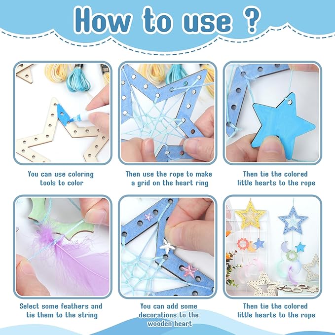 8Pack Star Dream Catcher Kit fot Kids,Unfinished Wood Star Shape Coloring 4th of July Craft DIY Crafts Wooden Patriotic Star Ornaments for Home Classroom Decorations Independence Day Party Favors