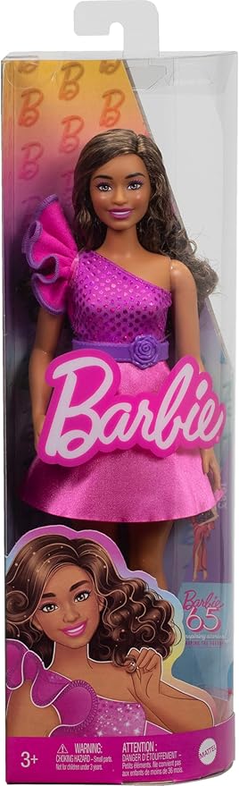 Barbie Fashionistas Doll #225, Curvy Body Type with Brown Hair, Pink Sparkly Dress & Accessories, 65th Anniversary Collectible Toy